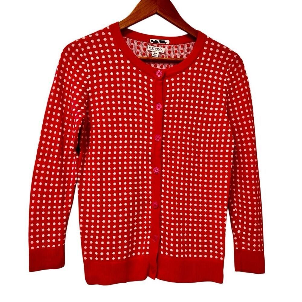 Merona Womens Pink White Polka Dot Cardigan Sweater Button Small Worn By Actress
